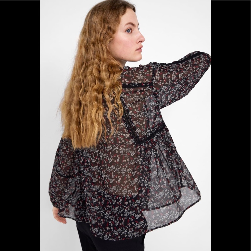 Zara Floral Print Peasant Blouse Balloon Sleeves - Picture 2 of 10